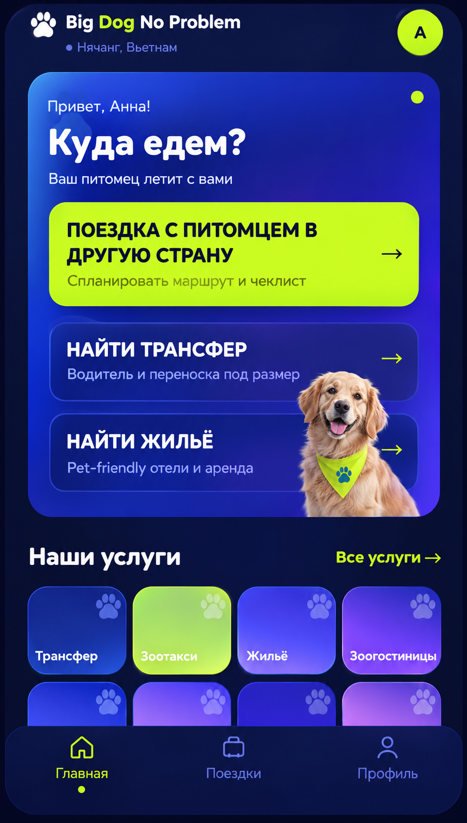 Экран Big Dog No Problem: планирование поездки, поиск трансфера и жилья